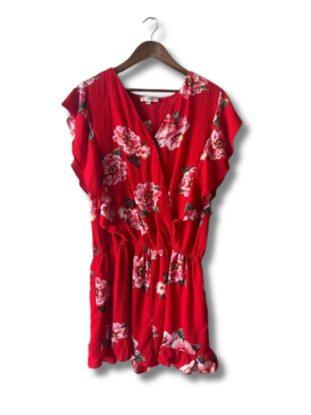 Umgee 1X Red Floral Boho Romper Flutter Sleeve Cottagecore Western